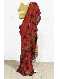 Red, Handwoven Organic Cotton, Textured Weave , Natural dye, Hand block printed, Occasion Wear, Jari, Ajrakh Saree